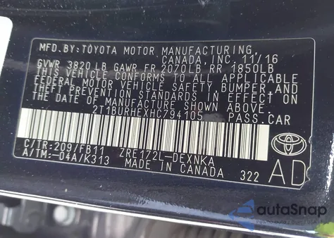 2017 Toyota Corolla Le z USA, uszkodzony, nr VIN 2T1BURHEXHC794105